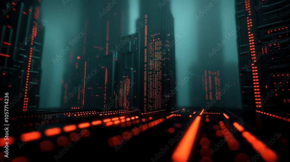 Poster exploring the depths of a futuristic cityscape with neon highlights and abstract architecture in a d