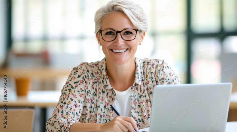 Poster smiling teacher using laptop in online class setting