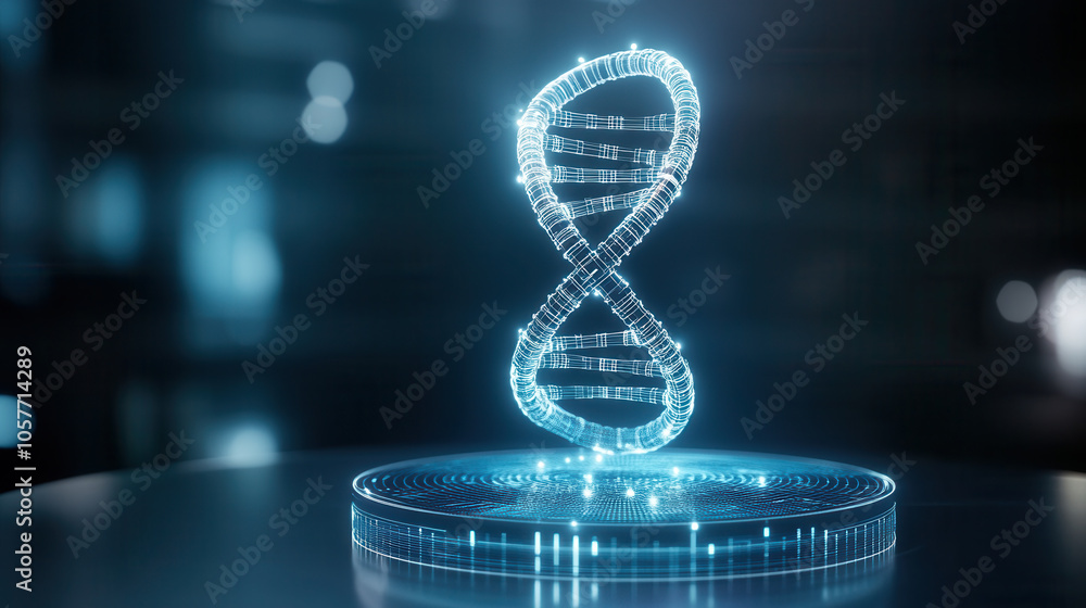 Poster glowing dna structure with modern technology elements, symbolizing innovation and science. holograph