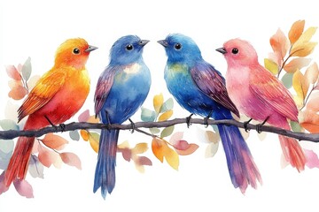 Four colorful birds perched on a branch among autumn leaves.