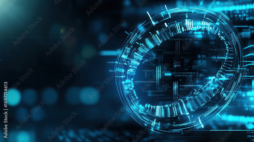 Poster modern digital representation of glowing blue dna structure, showcasing intricate technology element