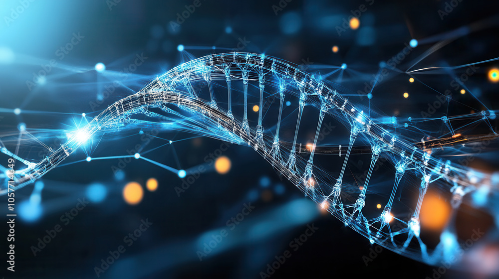 Poster three dimensional dna structure with glowing blue strands and interconnected nodes, symbolizing mode