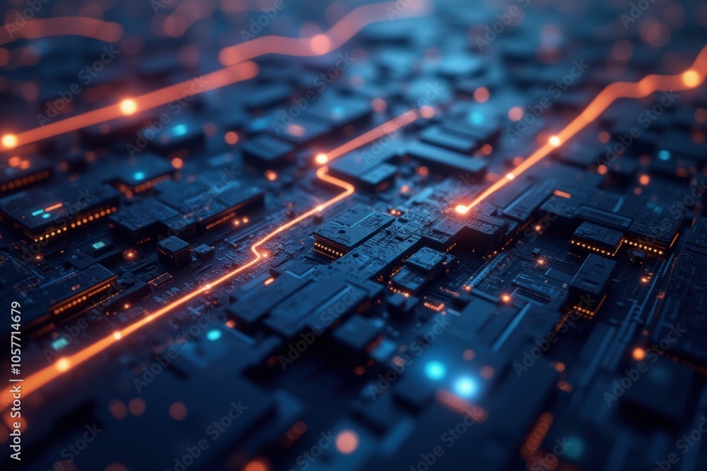Poster futuristic circuit board design with glowing pathways for technology and innovation concepts.
