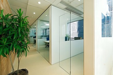 Modern Minimalistic Concrete Coworking Office room with Blank Walls, High Ceilings,and Mockup Frame