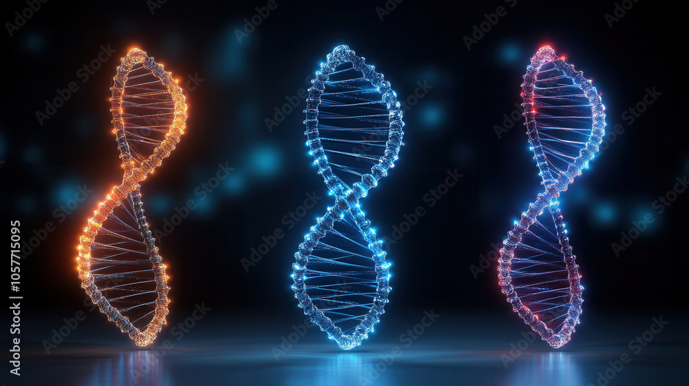 Poster three dimensional dna structures illuminated in vibrant colors, showcasing complexity of genetic mat
