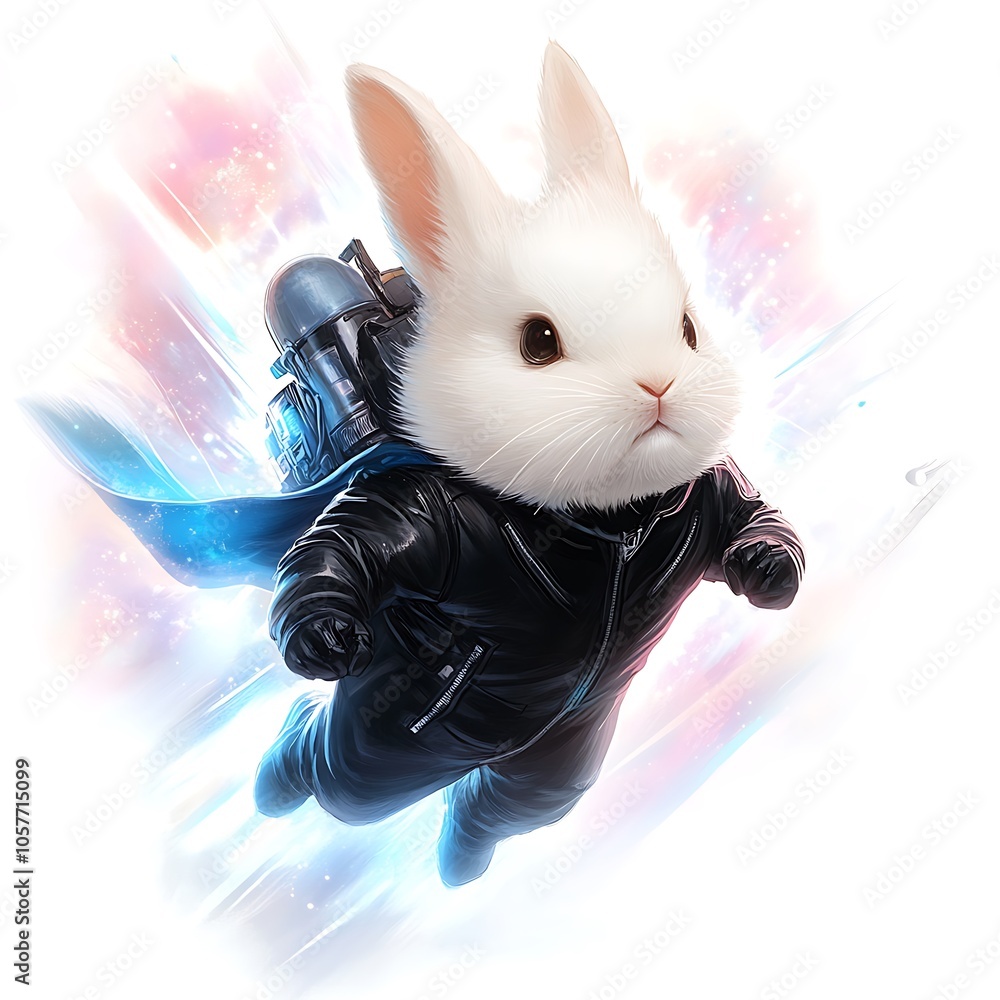 Poster a white rabbit in a black leather jacket and jetpack flies through a colorful space background.