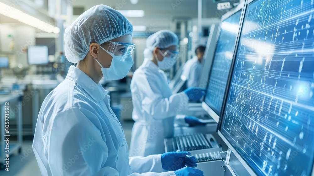 Poster scientists analyzing data in a high-tech laboratory environment to drive innovation and discovery in