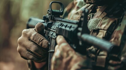 Fototapeta premium Soldier Gripping Rifle in Tactical Setup