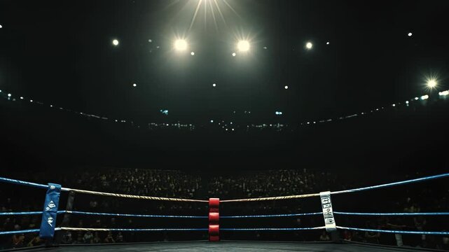 A boxing ring is illuminated by bright lights in front of a large crowd