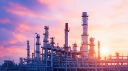 Obraz premium Wide View of Gas Refinery Complex at Sunset