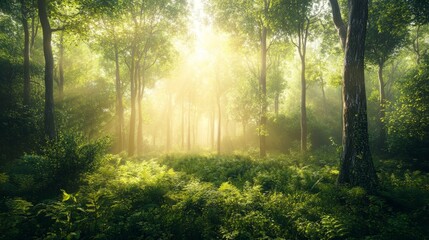 Obraz premium A forest with trees and grass in the foreground