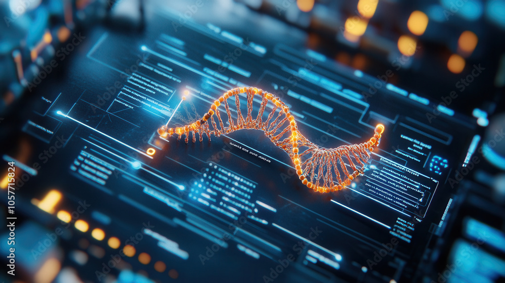 Poster digital dna structure with glowing lines on futuristic interface, showcasing advanced technology and