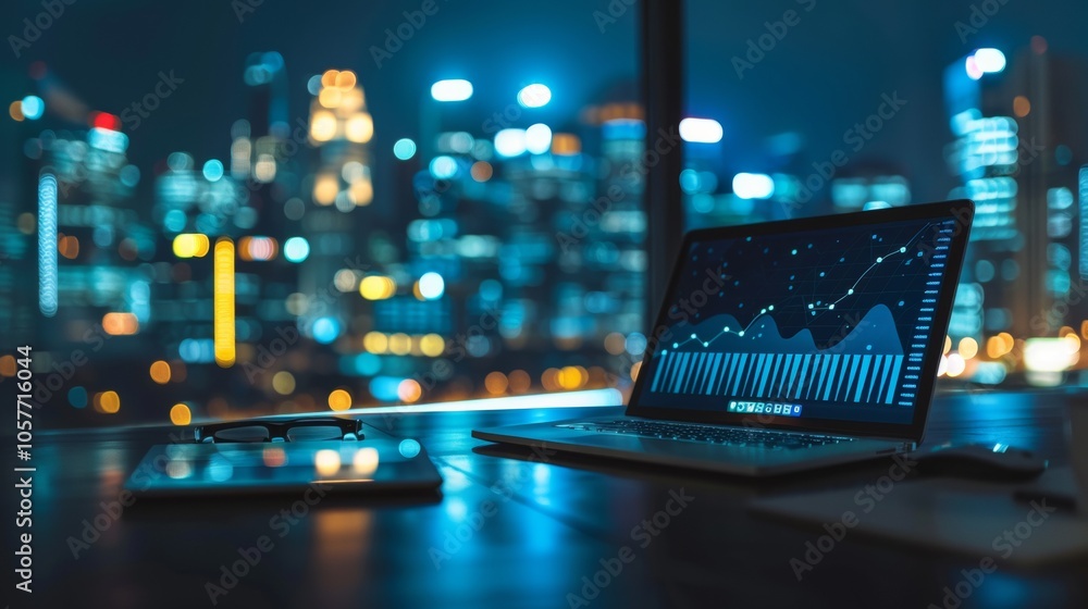 Aufkleber laptop displaying data analytics with cityscape background
