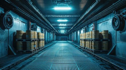 Obraz premium Ship Cargo Hold with Crates and Barrels