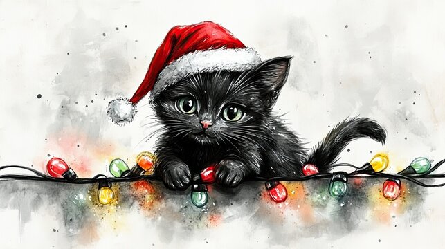 A hand-drawn, sketch-style illustration of a black cat wrapped in Christmas tree lights, now wearing a small, festive Santa hat