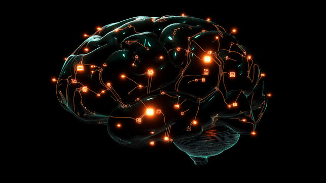A human brain with glowing circuits, symbolizing the integration of machine learning with human intelligence in data-driven solutions
