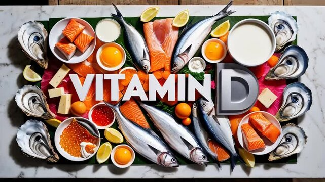 Various fresh food with the sign inscription vitamin D