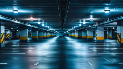 Large parking lot with no cars in it. The parking lot is empty and the lights are on