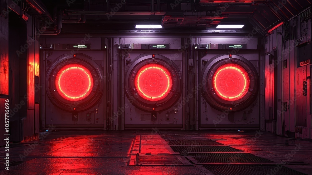 Poster red glowing circular portals in a high-tech environment evoking mystery and intrigue in a futuristic