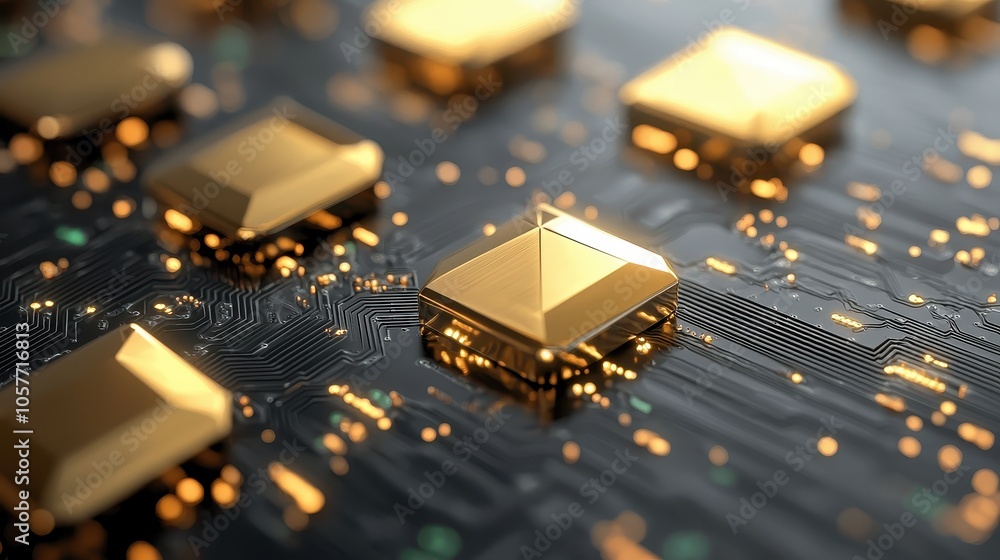 Aufkleber exploring the intricate design of modern technology a close-up on golden microchips and circuitry hi