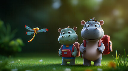 Fototapeta premium Cute cartoon hippos with backpacks in lush green setting