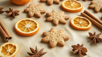 Christmas gingerbread, dry orange slices, anise, cinnamon sticks on baking paper.