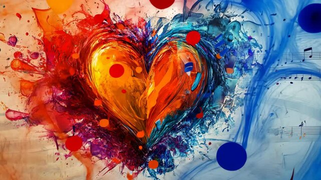 An abstract painting of a heart, surrounded by colorful splashes of paint and music notes