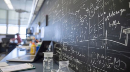 The labs blackboard is filled with complex equations and data analysis highlighting the indepth research and study that takes place in this space.