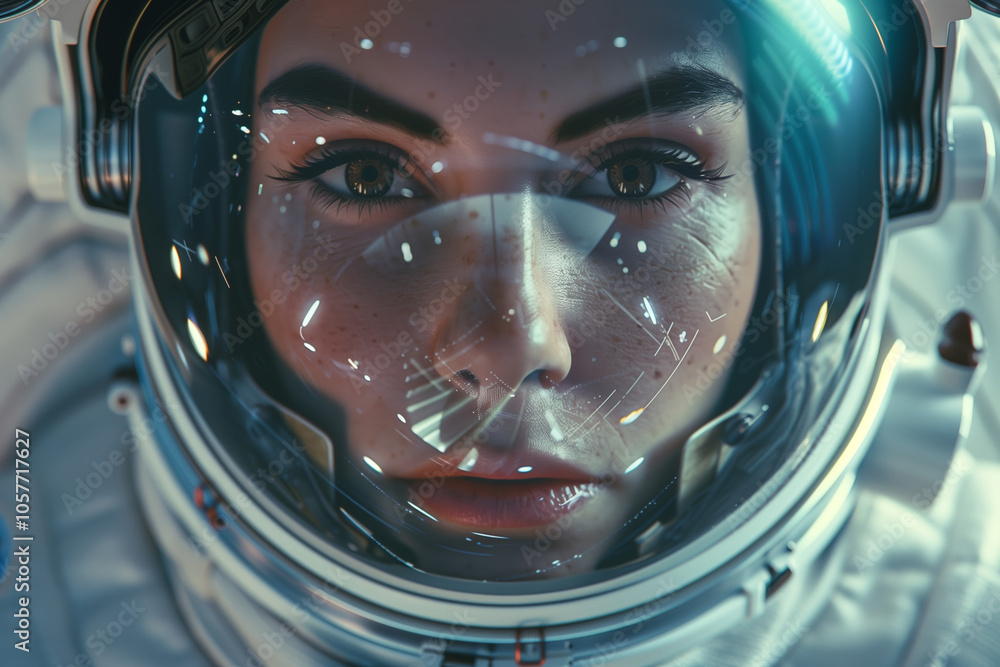 Wall mural close-up of the face and helmet visor of an astronaut woman floating in space.