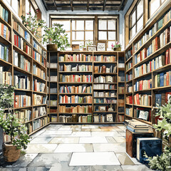 Room with a lot of bookshelves and a table. The room is filled with books and plants
