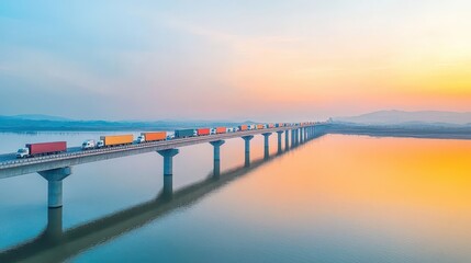 Fototapeta premium Majestic highway bridge over calm waters with a caravan of trucks, golden hour ambiance watercolor