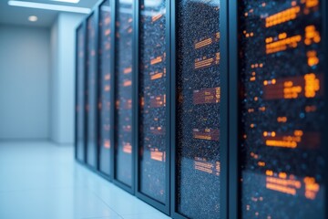 Advanced data center with modern server racks and led indicators for technology and it infrastructure concept.