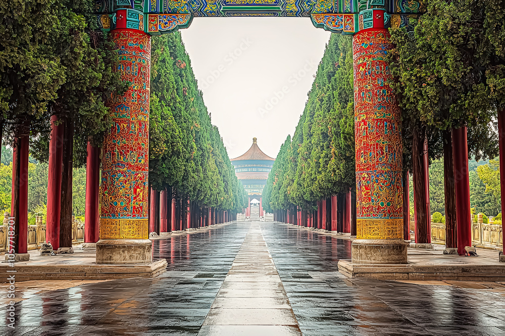 Poster long walkway with trees and a red archway. the archway is decorated with red and yellow colors. the 