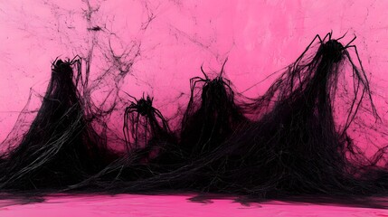 Obraz premium Black Spider Web on Pink Background, Abstract Image, Texture, Pattern Background, Wallpaper, Cover and Screen for Smartphone, PC, Laptop, 9:16 and 16:9 Format