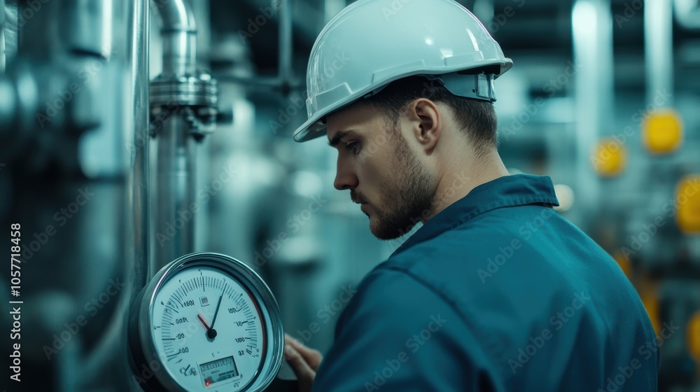 Poster engineer monitoring oil level sensor in plant setting