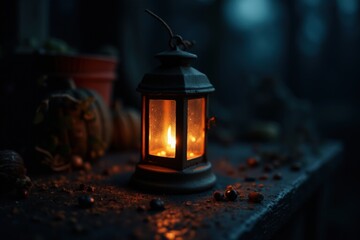 Cozy autumn evening with lantern light on rustic table, perfect for seasonal decor and thanksgiving ambiance.