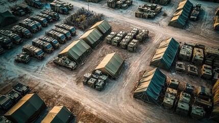 Aerial View of Military Base with Vehicles and Tents