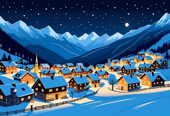Naklejka premium Peaceful winter village night with snow-covered houses and starry sky in mountain landscape
