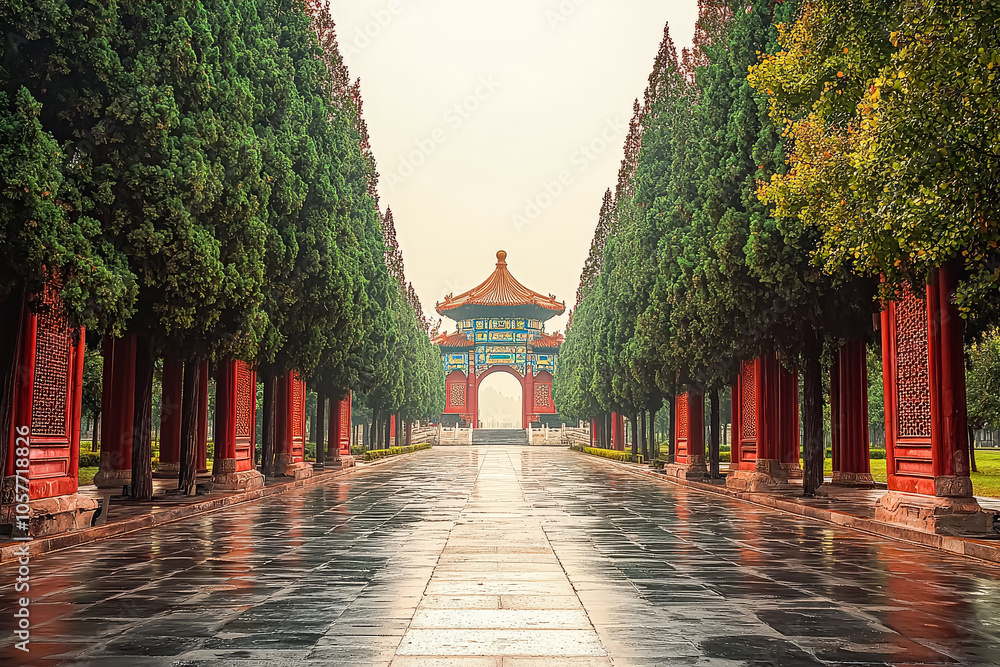 Poster long walkway with trees and a red archway. the archway is decorated with red and yellow colors. the 