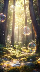 Soap bubbles floating in magical enchanted forest at sunrise