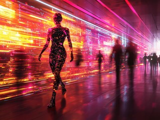 Fototapeta premium Futuristic urban scene a glimpse into the intersection of technology and humanity