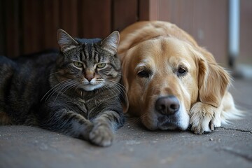 A dog and cat relaxing together in a cozy setting at home