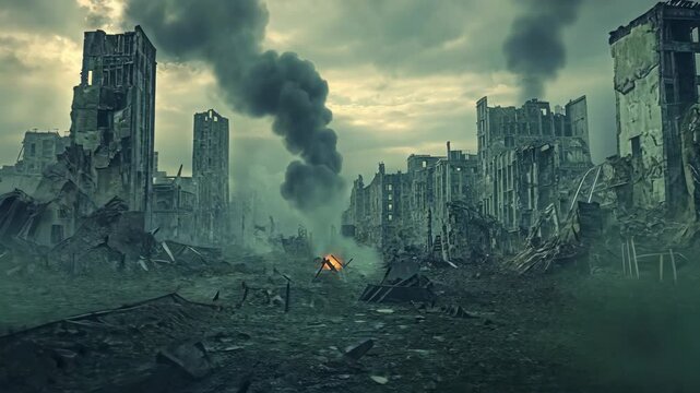 A city street lies in ruins, with smoke billowing from a nearby building