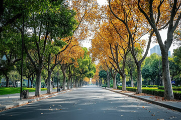 The street is lined with trees, and the leaves are falling from them. The leaves are scattered on the ground, creating a beautiful and peaceful atmosphere. The street is empty
