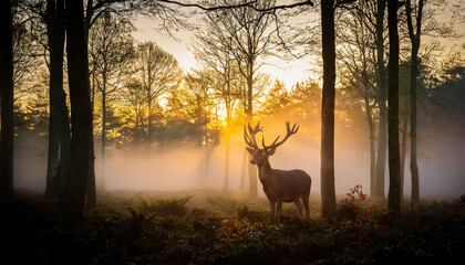 A serene scene with a deer standing in the middle of a misty forest at dawn. Soft light filters through the trees, creating a peaceful, ethereal atmosphere.