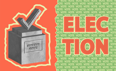 Trendy collage for election with monument of checkmark in bulletin, in retro style, calling to vote