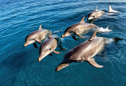 Grupo de delfines nadando en aguas cristalinas, mostrando movimiento y cercan&iacute;a entre ellos.