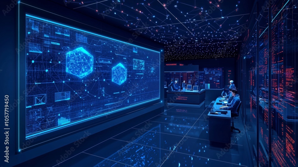 Poster a futuristic cybersecurity center featuring digital screens and advanced technology, creating a secu