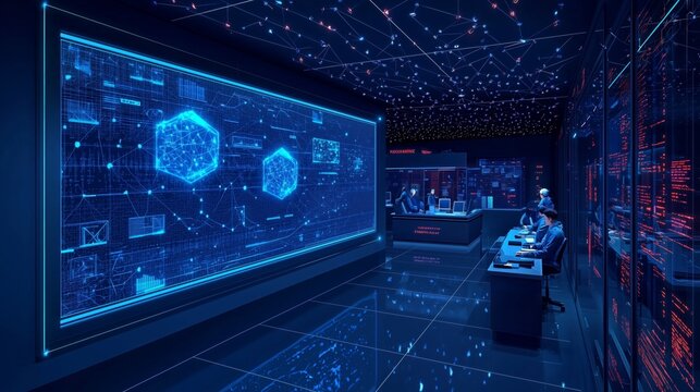 A futuristic cybersecurity center featuring digital screens and advanced technology, creating a secure, high-tech atmosphere.