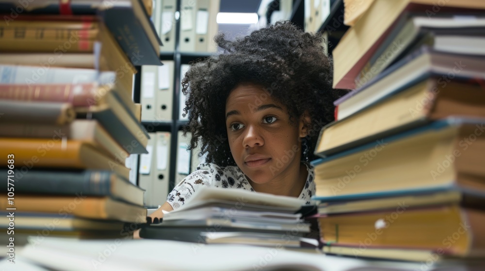 Poster a research assistant sits at a desk surrounded by stacks of books and documents diligently crossrefe